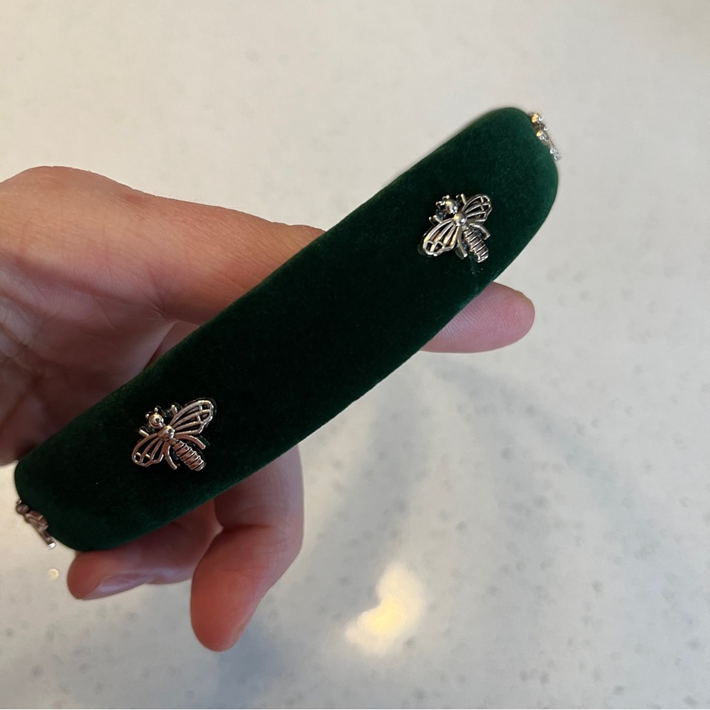 Elegant Green Velvet Headband with Gold Bee Accents - Picture 9 of 11